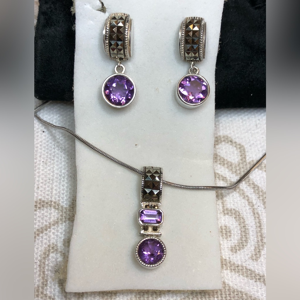 Vintage Judith Jack 925 Sterling Silver Amethyst Marcasite Necklace Earrings Set